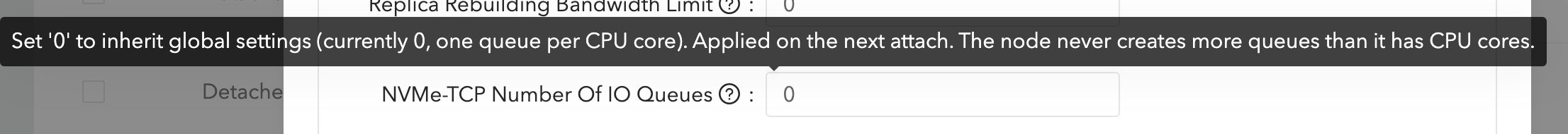 Explains 0 and shows the live global value ("one queue per CPU core" when the setting is 0 too).
